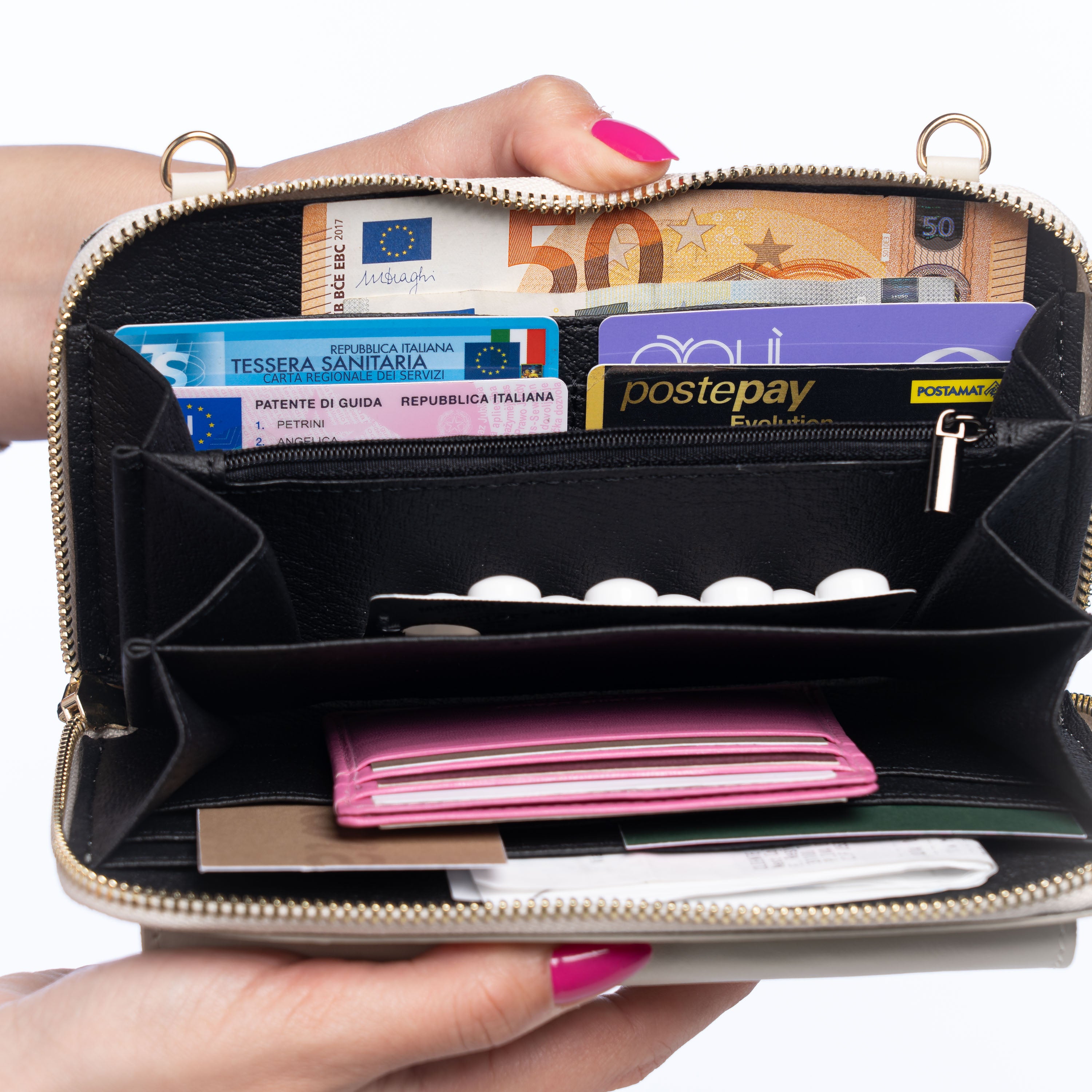 Mini Travel Bag in Vera Pelle | Con Tracolla, Interno a Portafoglio, Porta Cellulare
