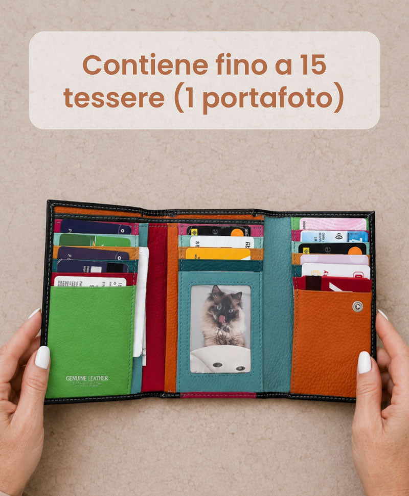Portafoglio Medio in Vera Pelle "Alba" | Portafoto, Portamonete con zip, Doppia Tasca Banconote, Spazi Tessere