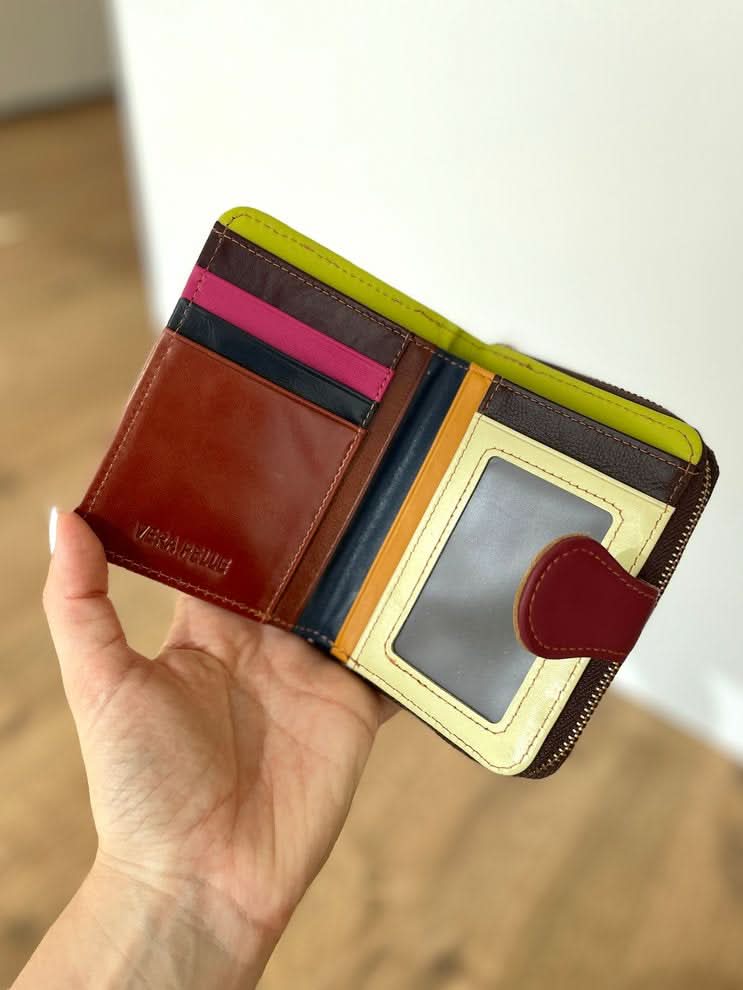 Portafoglio Medio/Piccolo in Vera Pelle | Portafoto, Spazi Tessere, Portamonete con Zip, Tasca Banconote