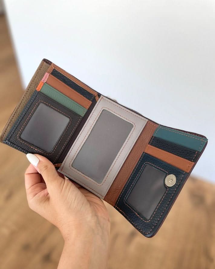 Portafoglio Medio/Piccolo in Vera Pelle | Spazi Tessere, 3 Portafoto, Ampia Tasca Banconote, Portamonete con zip