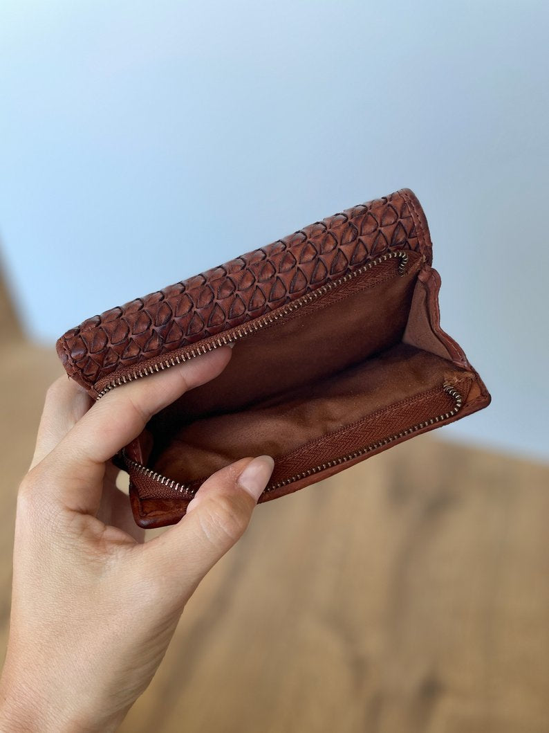 M20 Portafoglio Donna in Vera Pelle Vintage Intrecciata | 15 Tessere, Portafoto, Doppia Tasca Banconote, Zip Portamonete
