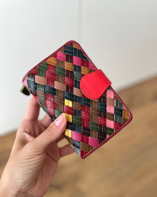 Portafoglio Medio in Vera Pelle intrecciata (P15) | 9 Spazi Tessere, 1 Portafoto, Tasca banconote, 1 Portamonete con clip, doppio scomparto con zip