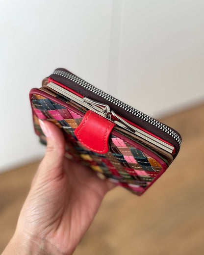 Portafoglio Medio in Vera Pelle intrecciata (P15) | 9 Spazi Tessere, 1 Portafoto, Tasca banconote, 1 Portamonete con clip, doppio scomparto con zip