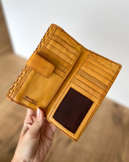 Portafoglio Donna in Vera Pelle intrecciata Premium Vintage (L83) | 15 Tessere, 3 Portafoto, Tasche Banconote, Portamonete con zip