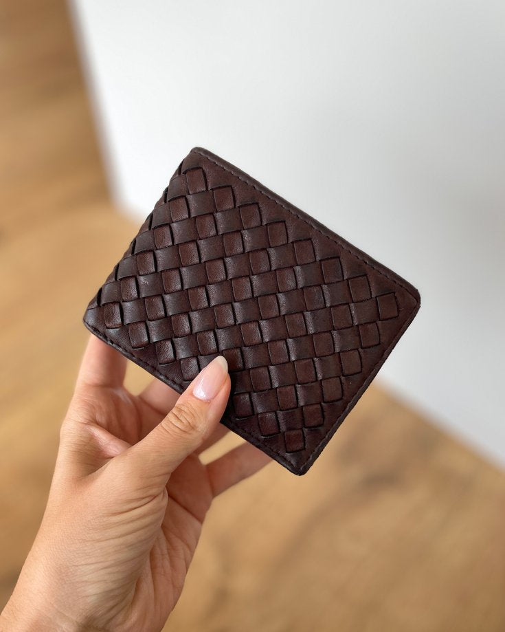 Portafoglio Uomo in Vera Pelle Vintage Intrecciata (M69) | 11 Tessere, 1 Portafoto, Doppia Tasca Banconote, Portamonete