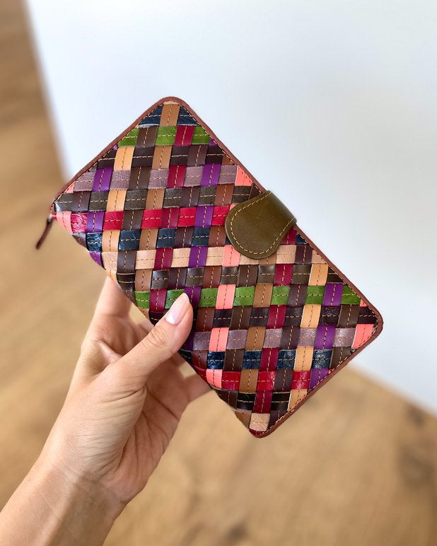 Portafoglio Grande in Vera Pelle intrecciata (P18) | 16 Spazi Tessere, 6 tasche laterali, 1 Portafoto, Tasca banconote, Portamonete con zip