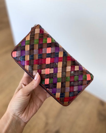 Portafoglio Grande in Vera Pelle intrecciata (P18) | 16 Spazi Tessere, 6 tasche laterali, 1 Portafoto, Tasca banconote, Portamonete con zip