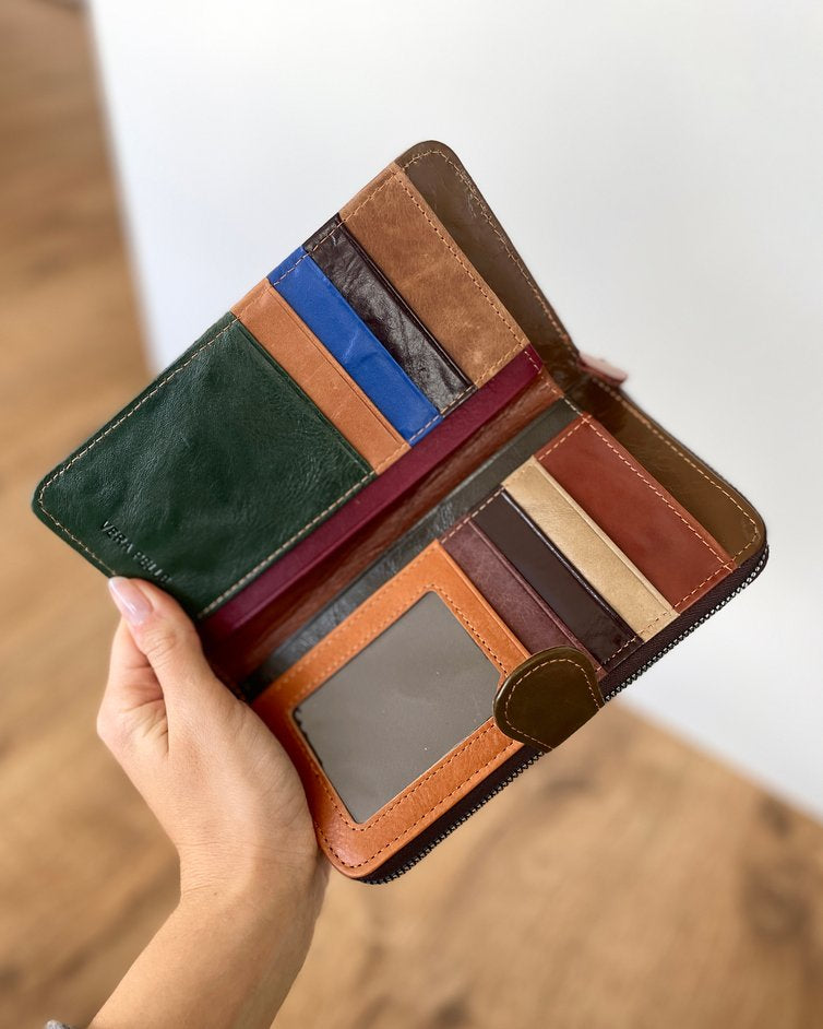 Portafoglio Grande in Vera Pelle intrecciata (P18) | 16 Spazi Tessere, 6 tasche laterali, 1 Portafoto, Tasca banconote, Portamonete con zip