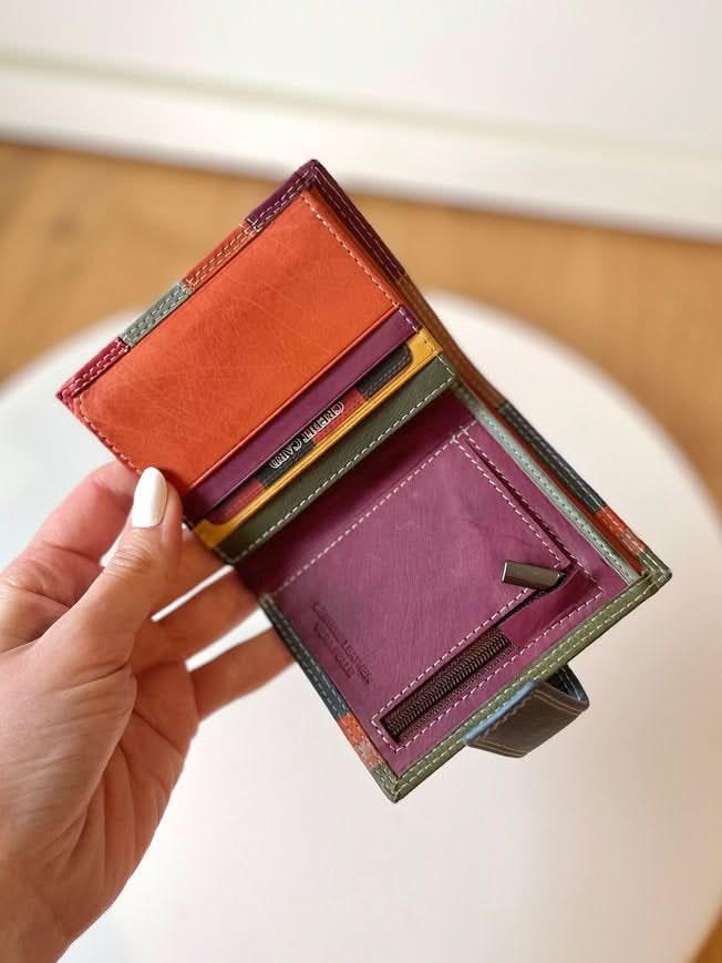 Mini Portafoglio in Vera Pelle | Portafoto, Portamonete con zip, Doppia Tasca Banconote, Spazi Tessere