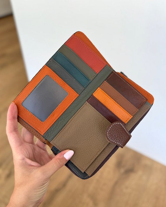 Portafoglio Grande in Vera Pelle | 13 Spazi Tessere, 4 Portafoto, Tasca banconote, Portamonete con zip