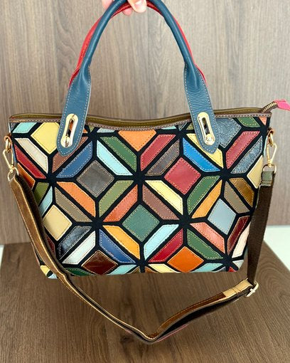 Borsa Mosaico Aurora - 39x23x16cm - Vera pelle | Lavorazione Artigianale | Con Tracolla