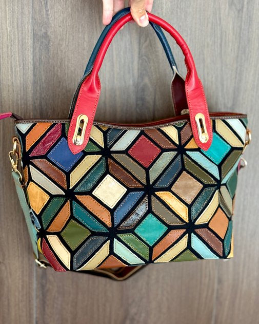 Borsa Mosaico Aurora - 39x23x16cm - Vera pelle | Lavorazione Artigianale | Con Tracolla