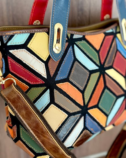 Borsa Mosaico Aurora - 39x23x16cm - Vera pelle | Lavorazione Artigianale | Con Tracolla