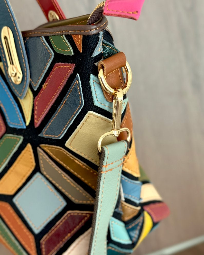 Borsa Mosaico Aurora - 39x23x16cm - Vera pelle | Lavorazione Artigianale | Con Tracolla