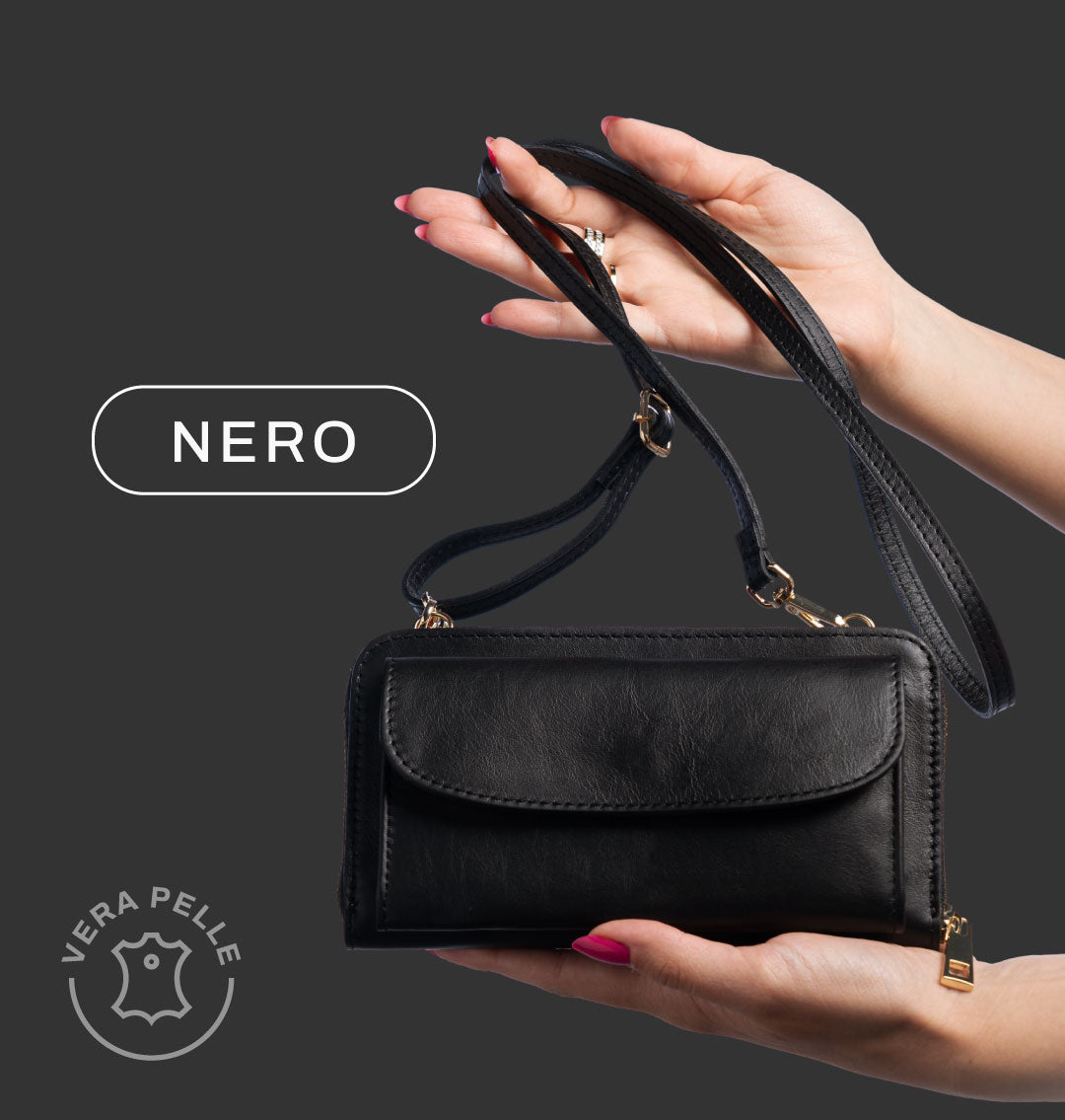 Mini Travel Bag in Vera Pelle | Con Tracolla, Interno a Portafoglio, Porta Cellulare